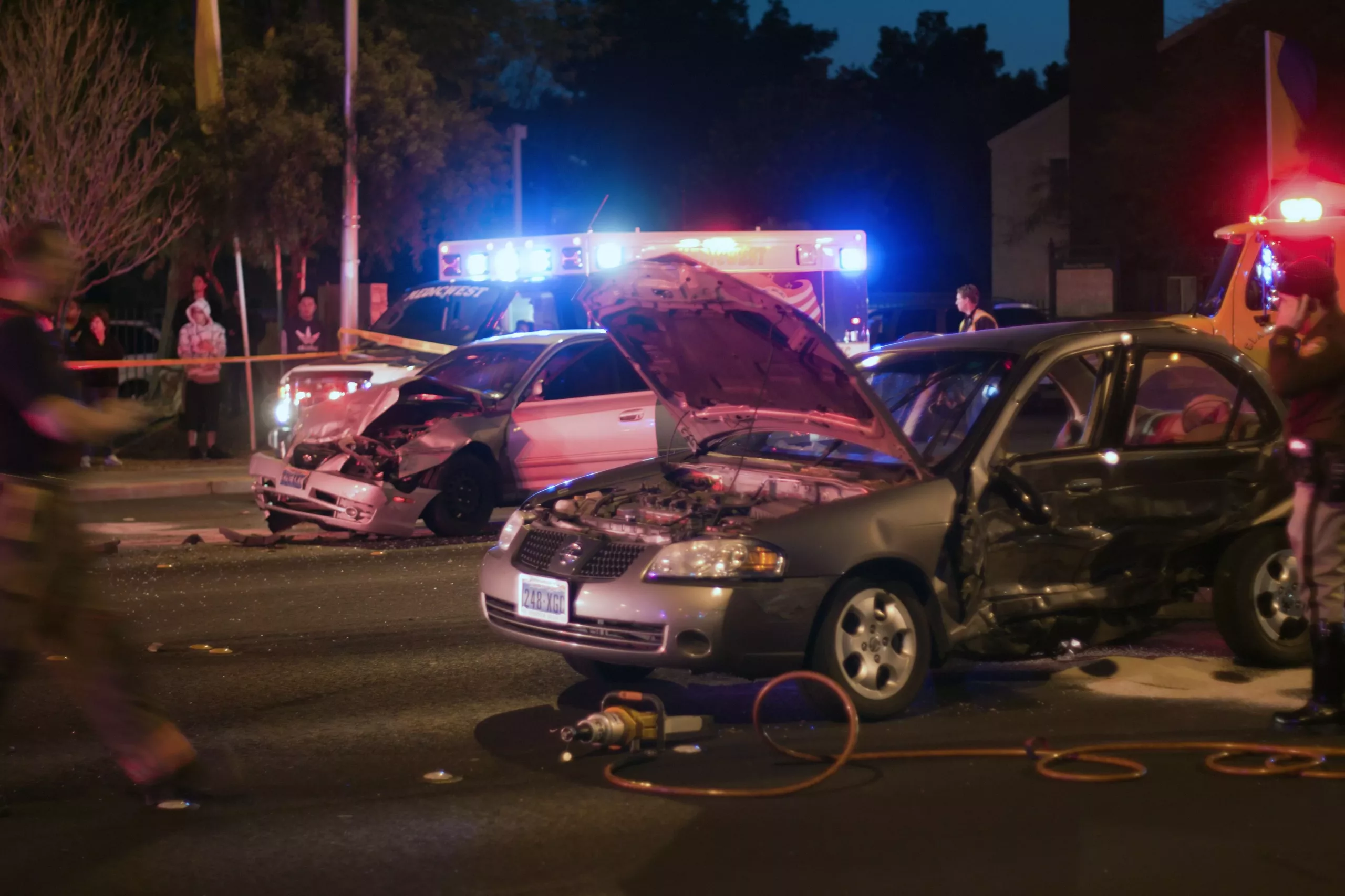 DWI Car Accident Scene With Cars And An Ambulance