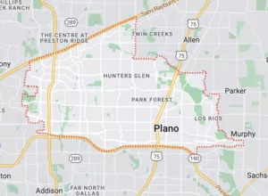 Map Showing The Area Of Plano, Texas, Highlighting The Location Where A Plano Personal Injury Lawyer Can Provide Assistance.