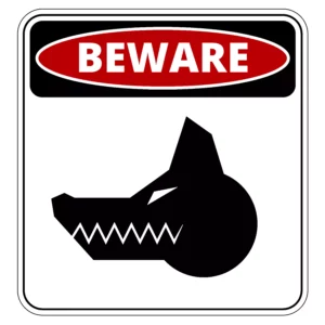 Warning Sign With A Wolf-Like Dog Head And Jagged Teeth Under The Word ‘Beware.’ Fort Worth Dog Bite Lawyer Can Help If You’ve Been Injured By A Dangerous Dog.