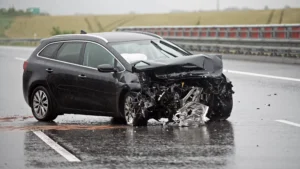 A Black Vehicle With Severe Front-End Damage Sits On A Wet Dallas Highway After An Accident. The Scene Highlights The Need For A Skilled Dallas Highway Accident Lawyer To Help Victims Recover Compensation.