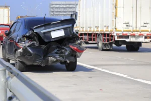 A Severely Damaged Black Car Sits On The Highway After Being Rear-Ended By A Large Truck, The Type Of Collision A Cedar Hill Truck Accident Lawyer Can Help Victims Pursue Compensation For.