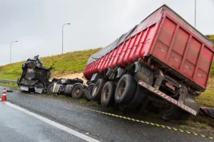 A Heavily Damaged Semi-Truck Lies Wrecked On The Side Of A Highway, Representing The Kind Of Catastrophic Crashes A Desoto Truck Accident Lawyer Helps Victims Recover Compensation For.