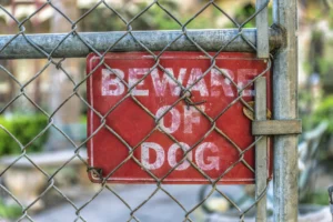 Worn Red “Beware Of Dog” Sign Behind A Chain-Link Fence In A Residential Area, Representing A Potential Hazard Addressed By A Duncanville Dog Bite Lawyer.