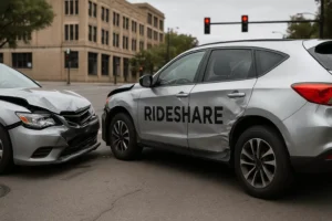 Scene Of What To Do If Your Uber Crashes, Showing A Damaged Rideshare Vehicle And Silver Sedan At An Urban Intersection With Visible Collision Impact And No People Present.
