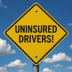 Yellow Caution Sign Reading 'Uninsured Drivers!' Against A Blue Sky, Symbolizing The Risks Addressed By A Cedar Hill Uninsured Motorist Lawyer.