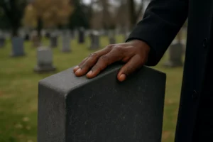 A Man's Hand Resting On A Gray Tombstone In A Cemetery, Symbolizing Grief And Loss, Representing The Support Of A Cedar Hill Wrongful Death Attorney.