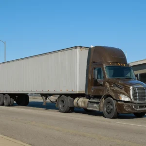 Damaged Brown Semi-Truck With A Gray Trailer On A City Road Under A Clear Blue Sky, Representing A Dallas Ups Truck Accident Lawyer Case Scenario.