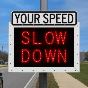 A Roadside Digital Speed Warning Sign Flashing &Quot;Slow Down&Quot; In Bright Red Lights On A Suburban Street, Representing The Risks Addressed By A Lancaster Speeding Accident Lawyer.