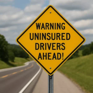 Yellow Warning Sign Reading 'Warning Uninsured Drivers Ahead!' Placed Along A Rural Highway, Representing The Need For A Lancaster Uninsured Motorist Lawyer.