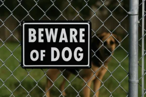 A &Quot;Beware Of Dog&Quot; Sign Attached To A Chain-Link Fence With A Large Dog Visible Behind It, Representing Potential Danger And The Need For A Mansfield Dog Bite Lawyer.