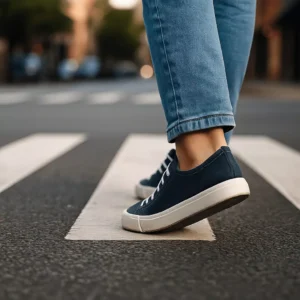 A Pedestrian Walking Through A Crosswalk In Mansfield, Texas, Captured From A Low Angle Showing Only Their Shoes And Lower Legs, Representing A Potential Mansfield Pedestrian Accident Lawyer Case.