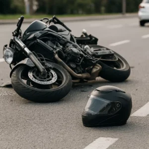Damaged Motorcycle And Helmet On The Ground After A Crash, Representing A Case Handled By A Mansfield Motorcycle Accident Lawyer.