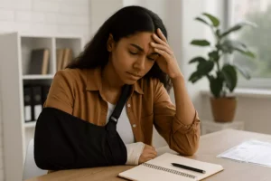 A Young Woman With A Concerned Expression Sits At A Desk With Her Injured Arm In A Black Sling, Resting On A Notebook Beside Paperwork In A Well-Lit Office.