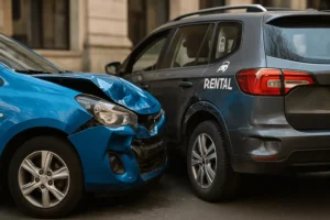 Scene Depicting What Happens If You Wreck A Rental Car, Showing A Damaged Blue Car After Colliding With A Gray Rental Suv On An Urban Street.