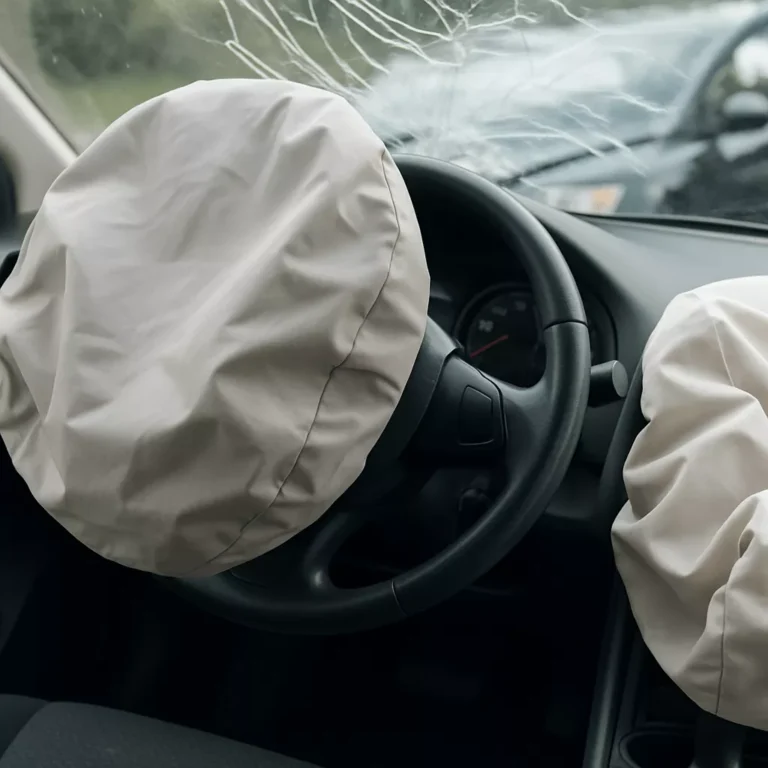 Interior view of a car after a collision showing fully deployed driver and passenger airbags, with a cracked windshield and another damaged vehicle visible outside.