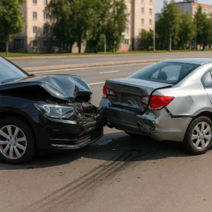 Rear-End Collision Between Two Sedans On A City Street, Showing Visible Damage And Skid Marks.