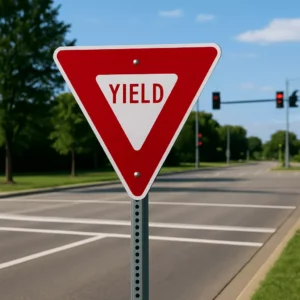 A Yield Sign At A Street Intersection Under Clear Skies, Illustrating What Does Yield Mean In Driving With A Focus On Right-Of-Way Rules.