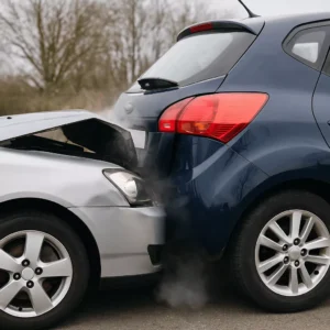 A Silver Sedan With A Crushed Hood After Striking A Dark Blue Hatchback In A Rear-End Collision, Representing Cases Handled By An Irving Rear End Accident Lawyer.