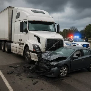 Highway Crash Scene Showing A Semi Truck Accident With Emergency Responders And Wrecked Vehicles, Illustrating What Is The Average Settlement For A Semi Truck Accident.