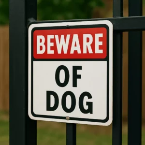 Close-Up Of A 'Beware Of Dog' Sign Mounted On A Black Metal Fence, Symbolizing Potential Danger And The Need For A Dog Bite Lawyer.
