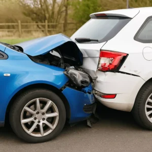 A Blue Sedan With A Crumpled Hood After Striking The Back Of A White Hatchback In A Rear-End Collision, Representing Cases Handled By A Duncanville Rear End Accident Lawyer.