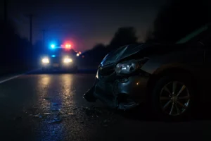 Nighttime Car Accident Scene With A Damaged Vehicle And Police Lights In The Distance, Symbolizing The Need For A Hit And Run Lawyer.