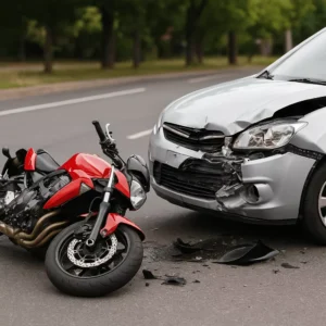 Wrecked Motorcycle Lying On Its Side Near A Damaged Car At An Urban Intersection, Representing A Case A Motorcycle Accident Lawyer Might Handle.