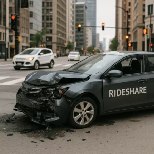 A Damaged Rideshare Vehicle Sits In The Middle Of A Busy City Intersection After A Crash, Representing The Types Of Cases A Rideshare Accident Lawyer Handles.