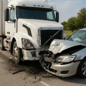 Crashed Semi-Truck And Silver Sedan On A Rural Road With Visible Front-End Damage And Debris, Illustrating A Scene A Truck Accident Lawyer Might Investigate.