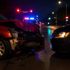 Nighttime Crash Scene With A Damaged Red Car And Flashing Police Lights In The Background, Representing The Need For A Desoto Drunk Driving Accident Lawyer.