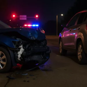 Nighttime Crash Scene With A Damaged Blue Sedan And Police Lights Flashing In The Background, Illustrating The Need For A Duncanville Drunk Driving Accident Lawyer.