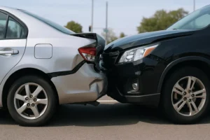 Rear-End Collision Between A Black Suv And A Silver Sedan With Crumpled Bumpers On A City Street, Illustrating Cases Handled By A Grand Prairie Rear End Accident Lawyer.