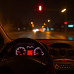 Nighttime View From Inside A Car Stopped At A Red Light, With Blurred Streetlights Ahead, Symbolizing The Dangers Of Impaired Driving And The Need For A Lancaster Drunk Driving Accident Lawyer.