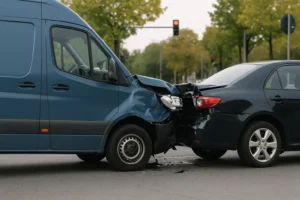 Horizontal Photo Of An Unbranded Blue Delivery Van With Severe Front‑End Damage After Rear‑Ending A Dark Sedan At A City Intersection, Depicting A Case A Dallas Amazon Truck Accident Lawyer Might Handle.
