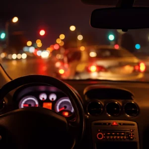 Blurry Nighttime View From Inside A Car Approaching A Crash Scene, Symbolizing The Dangers Of Impaired Driving And The Need For A Cedar Hill Drunk Driving Accident Lawyer.