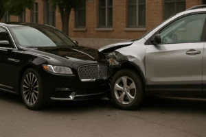 Collision Between A Black Luxury Sedan And A Silver Suv At A City Intersection, Symbolizing The Types Of Cases A Dallas Company Car Accident Lawyer Handles.