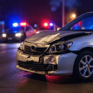 Crashed Silver Car With Police Lights Flashing In The Background, Symbolizing The Legal Services Of A Duncanville Speeding Car Accident Lawyer.
