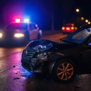 Nighttime Crash Scene With A Damaged Car And Police Lights In The Background, Symbolizing The Need For A Drunk Driving Accident Lawyer.