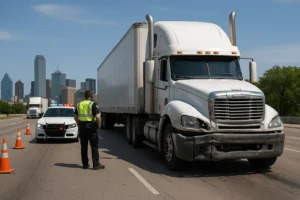 Police Officer And Patrol Car Responding To A Semi-Truck Crash On A Dallas Roadway With The City Skyline In The Background, Illustrating The Type Of Serious Cases Handled By An Oak Cliff Truck Accident Lawyer.