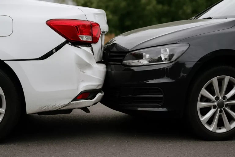 Close-up of rear-end collision damage—crumpled bumper and dented hood—showing what to do when you get rear ended.
