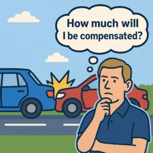 Cartoon-Style Illustration Of A Rear-End Car Accident With A Middle-Aged Man In Casual Clothes In The Foreground, Thinking “How Much Will I Be Compensated?”, Representing A Common Question In Rear-End Collision Cases. Focuses On The Average Payout For A Rear-End Collision.