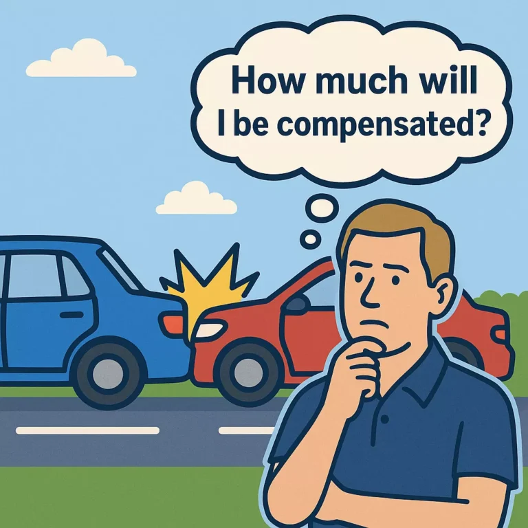 Cartoon-style illustration of a rear-end car accident with a middle-aged man in casual clothes in the foreground, thinking “How much will I be compensated?”, representing a common question in rear-end collision cases. Focuses on the average payout for a rear-end collision.