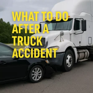 A white semi-truck and a black sedan are shown after a highway collision, with visible front-end damage on both vehicles under a cloudy Texas sky. Bold yellow text reads ‘What to Do After a Truck Accident.’
