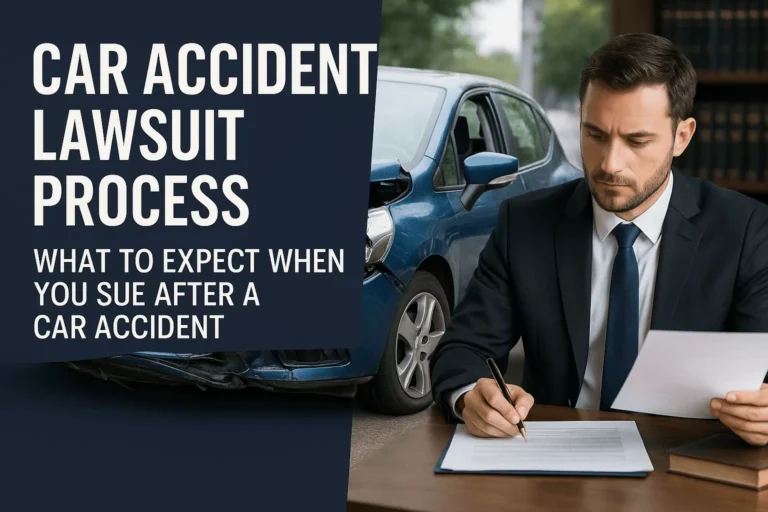 A lawyer presenting evidence in a courtroom during a car accident lawsuit, with an image of a damaged car projected in the background, symbolizing the legal process and pursuit of fair compensation after a crash.