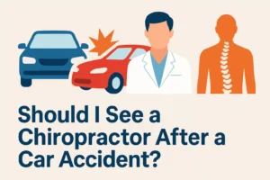 Illustration Showing A Car Crash With A Blue And Red Car, A Chiropractor Figure, And A Human Spine, With The Text “Should I See A Chiropractor After A Car Accident?” Displayed Below.
