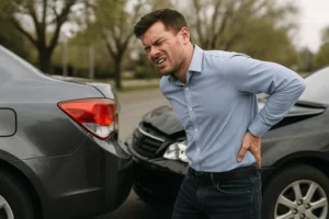Man Experiencing Car Accident Back Pain While Standing Between Two Damaged Vehicles After A Rear-End Collision.