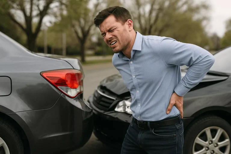 Man experiencing car accident back pain while standing between two damaged vehicles after a rear-end collision.