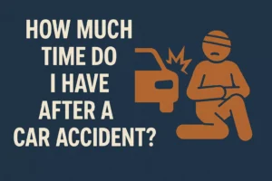 Graphic Featuring The Question ‘How Long After A Car Accident Can You Claim Injury?’ In Bold White Text On A Dark Blue Background, Beside A Simple Orange Illustration Of A Crashed Car And An Injured Person Sitting On The Ground.