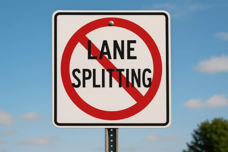 A rectangular traffic sign with a red "No" symbol over the words "Lane Splitting," mounted on a metal pole beside a clear road under a blue sky, visually reinforcing that lane splitting is legal in Texas.