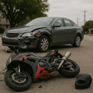 Damaged Motorcycle Lying On The Street Beside A Wrecked Car After A Collision In Oak Cliff, Dallas, Symbolizing The Types Of Cases Handled By An Experienced Oak Cliff Motorcycle Accident Lawyer.